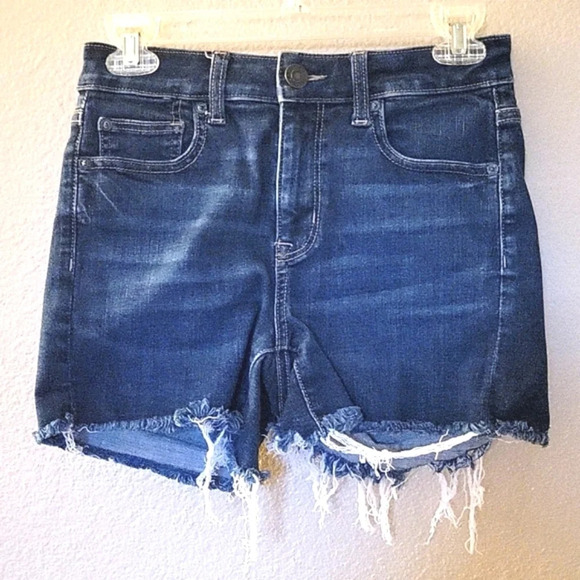 American Eagle Hi-Rise Shortie Frayed Denim Shorts - Size 2 - Picture 1 of 7